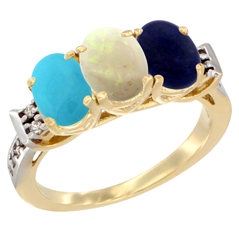 Sabrina Silver 10K Yellow Gold Natural Turquoise, Opal & Lapis Ring 3-Stone Oval 7x5 mm Diamond Accent, sizes 5 - 10