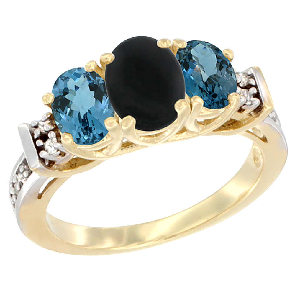 Sabrina Silver 14K Yellow Gold Natural Black Onyx & London Blue Ring 3-Stone Oval Diamond Accent