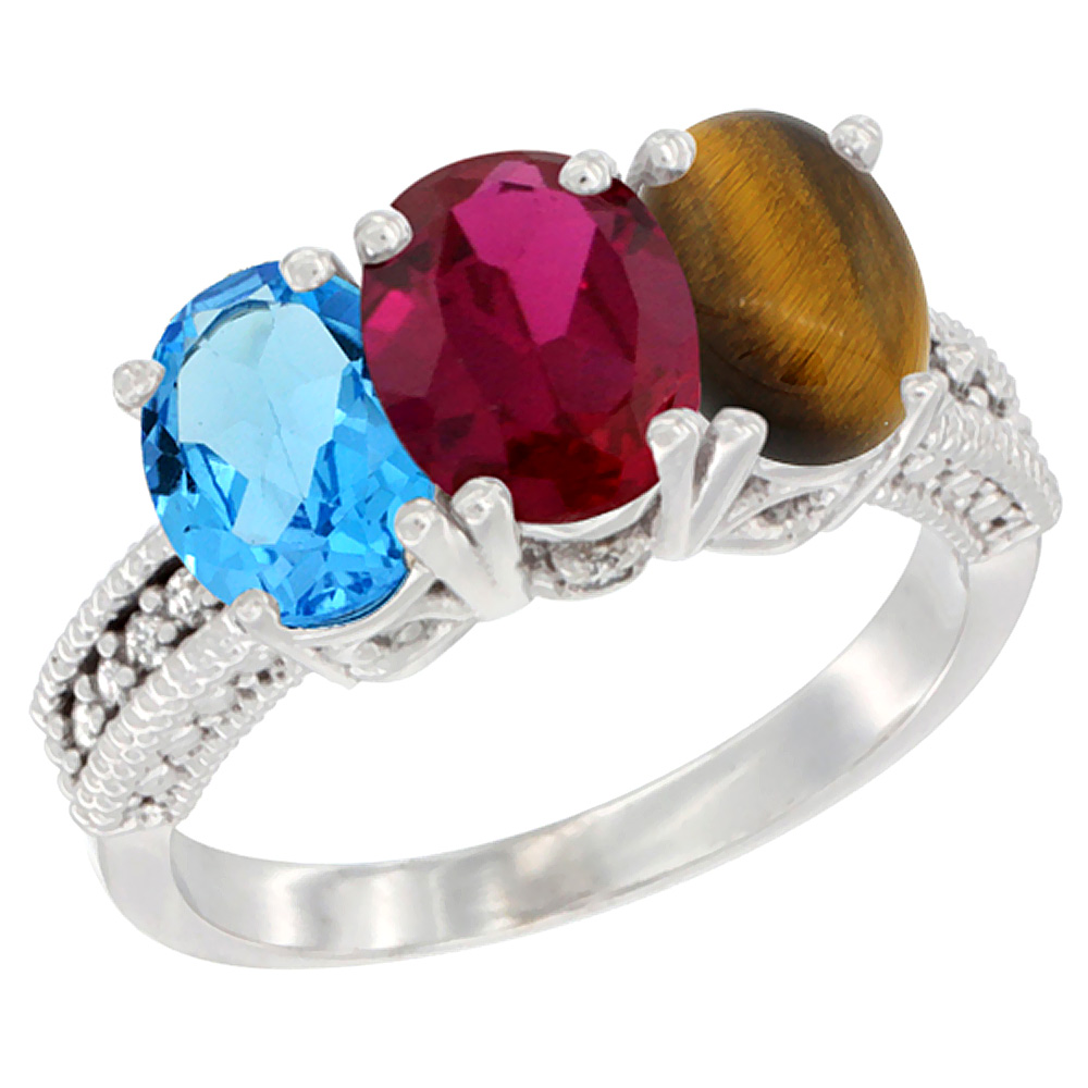 Sabrina Silver 14K White Gold Natural Swiss Blue Topaz, Enhanced Ruby & Natural Tiger Eye Ring 3-Stone 7x5 mm Oval Diamond Accent, sizes 5 - 10