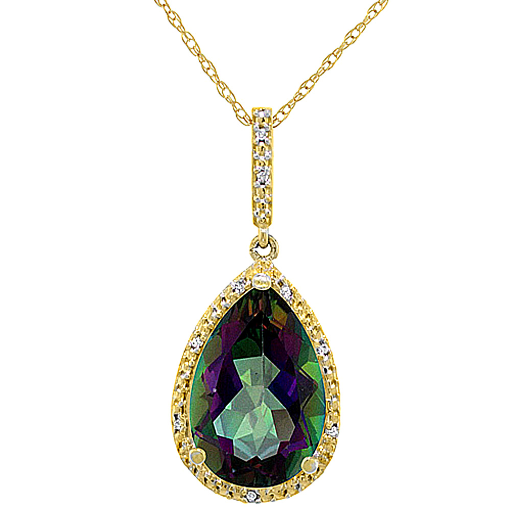 Sabrina Silver 10K Yellow Gold Diamond Halo Natural Mystic Topaz Necklace Pear Shaped 15x10 mm, 18 inch long