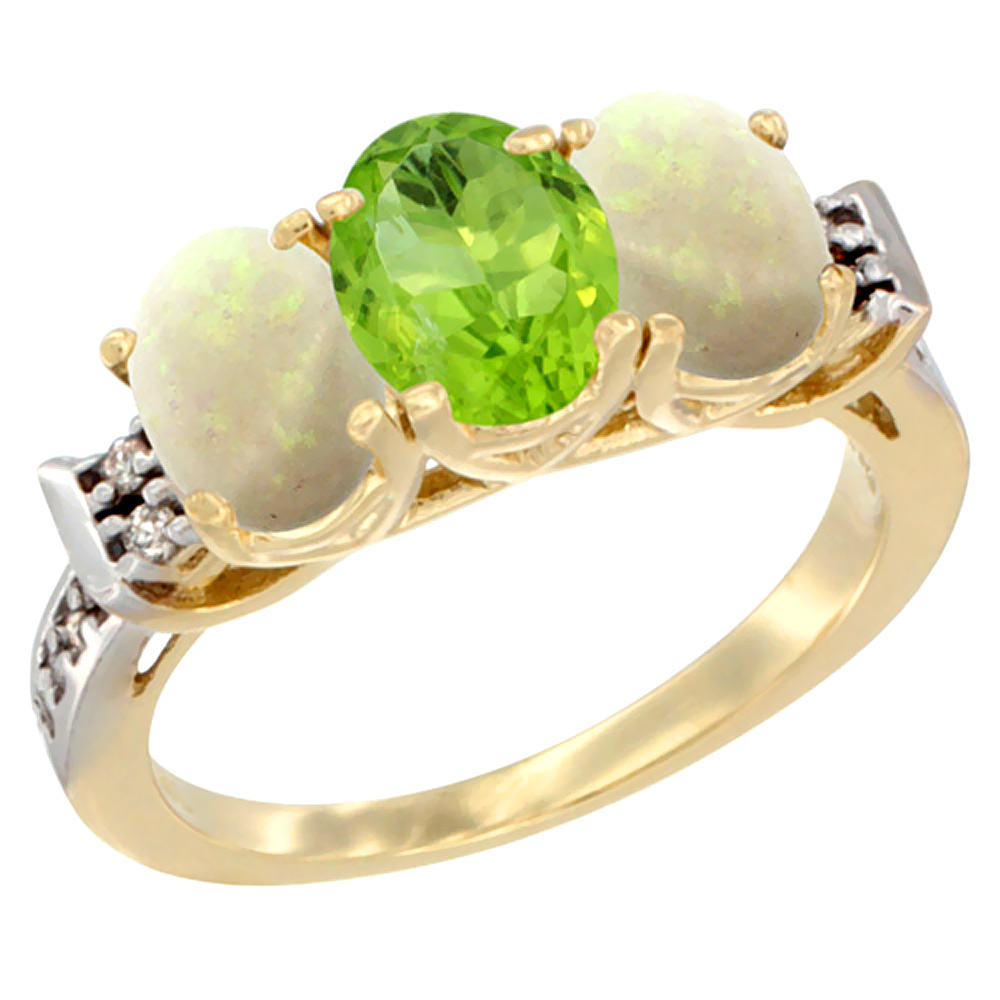 Sabrina Silver 14K Yellow Gold Natural Peridot & Opal Sides Ring 3-Stone Oval 7x5 mm Diamond Accent, sizes 5 - 10