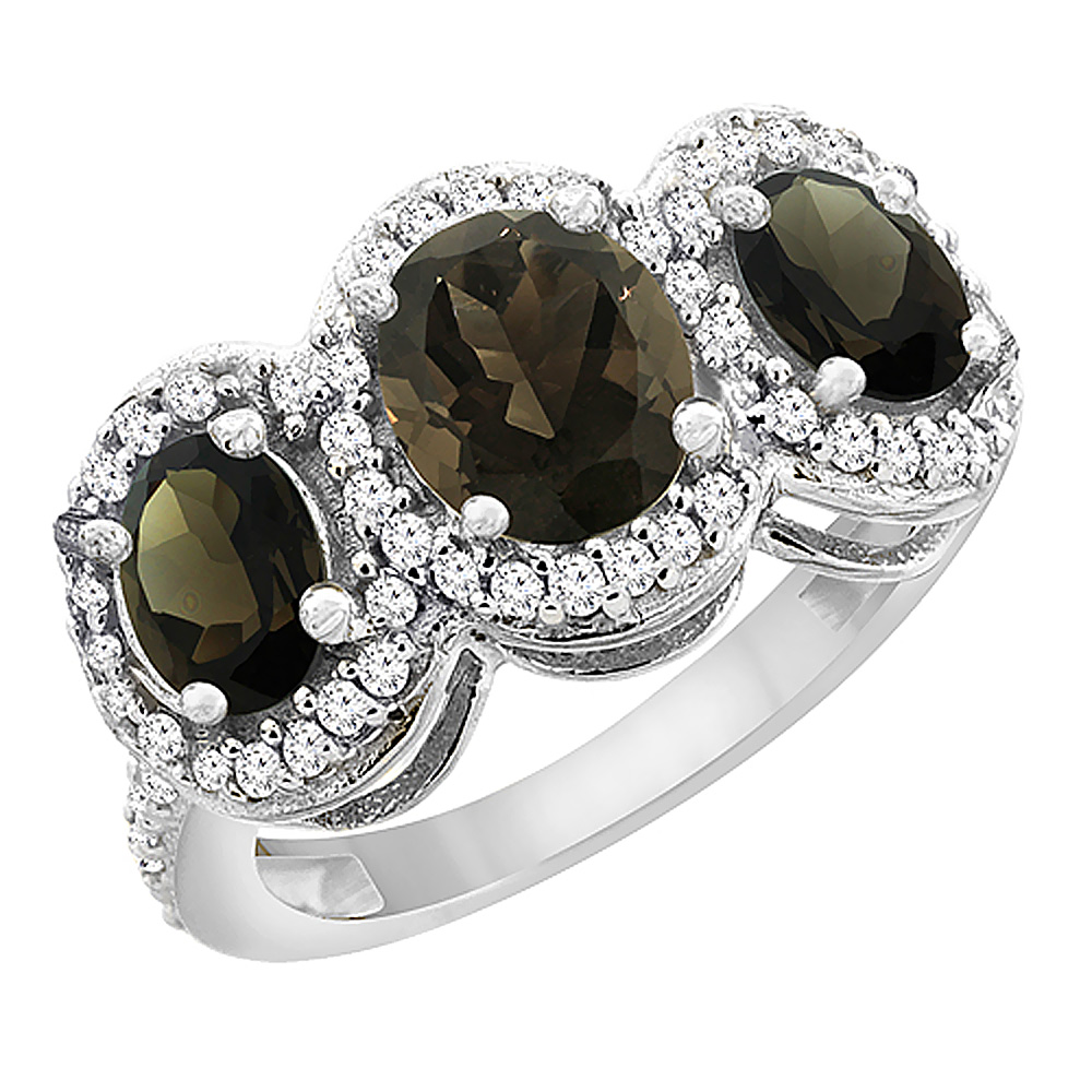 Sabrina Silver 14K White Gold Natural Smoky Topaz 3-Stone Ring Oval Diamond Accent, sizes 5 - 10