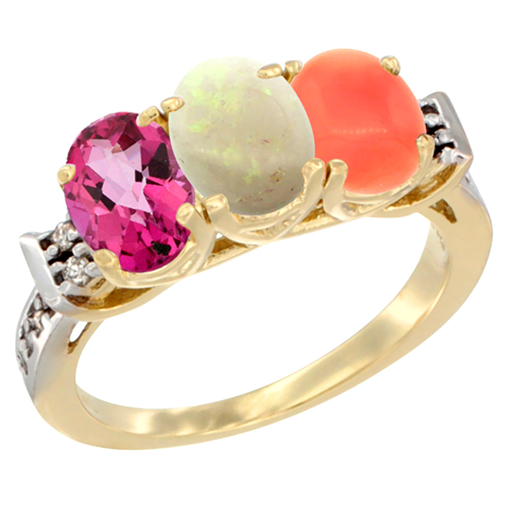 Sabrina Silver 10K Yellow Gold Natural Pink Topaz, Opal & Coral Ring 3-Stone Oval 7x5 mm Diamond Accent, sizes 5 - 10
