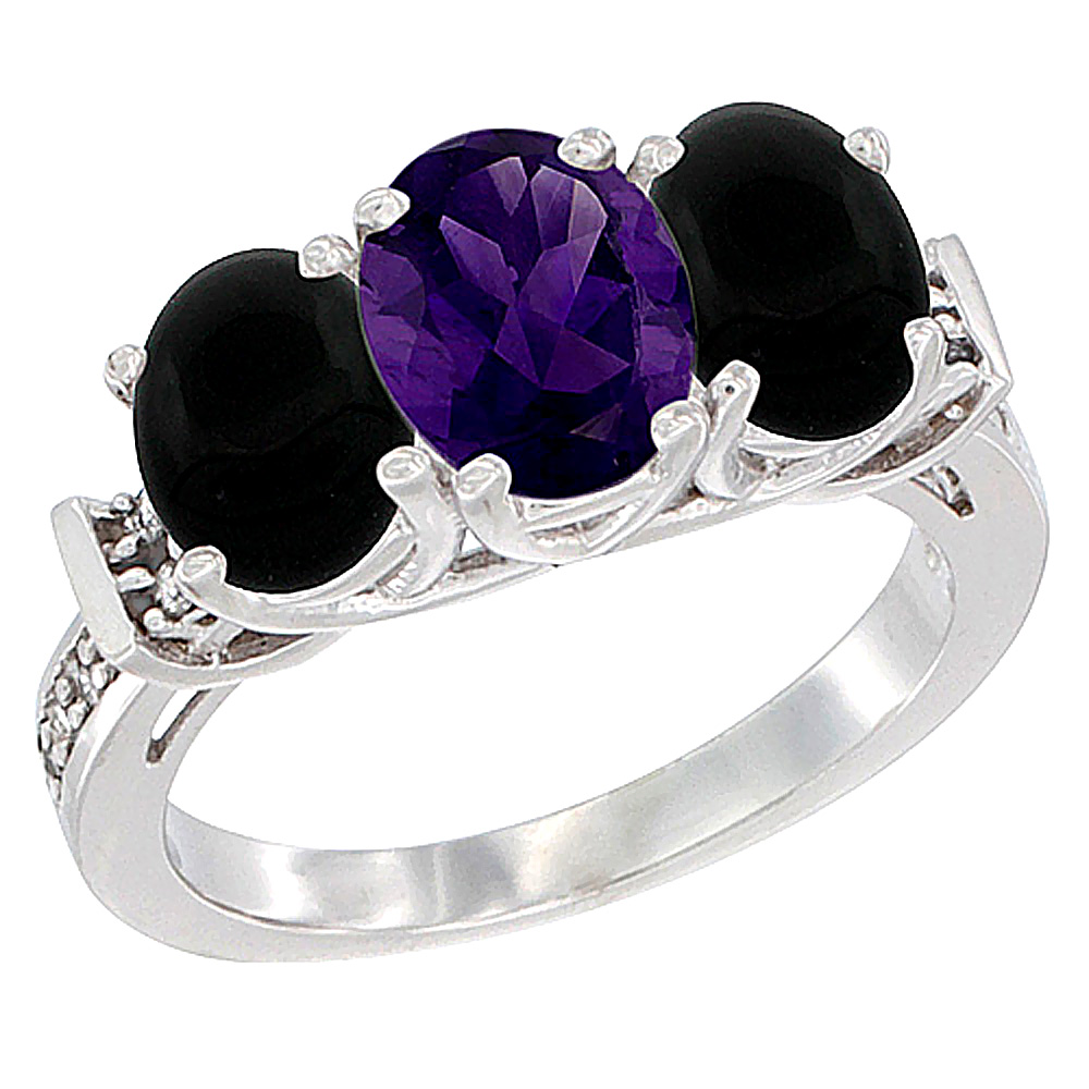 Sabrina Silver 10K White Gold Natural Amethyst & Black Onyx Sides Ring 3-Stone Oval Diamond Accent, sizes 5 - 10