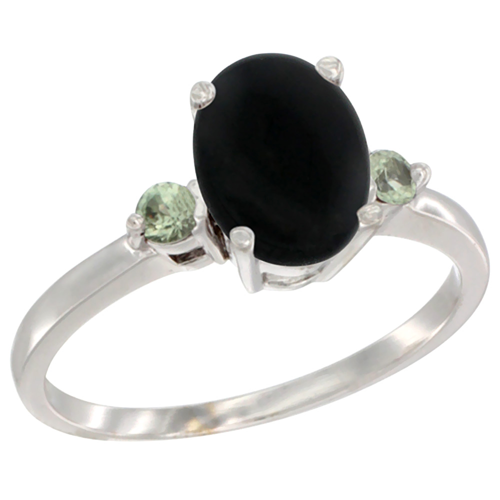 Sabrina Silver 14K White Gold Natural Black Onyx Ring Oval 9x7 mm Green Sapphire Accent, sizes 5 to 10