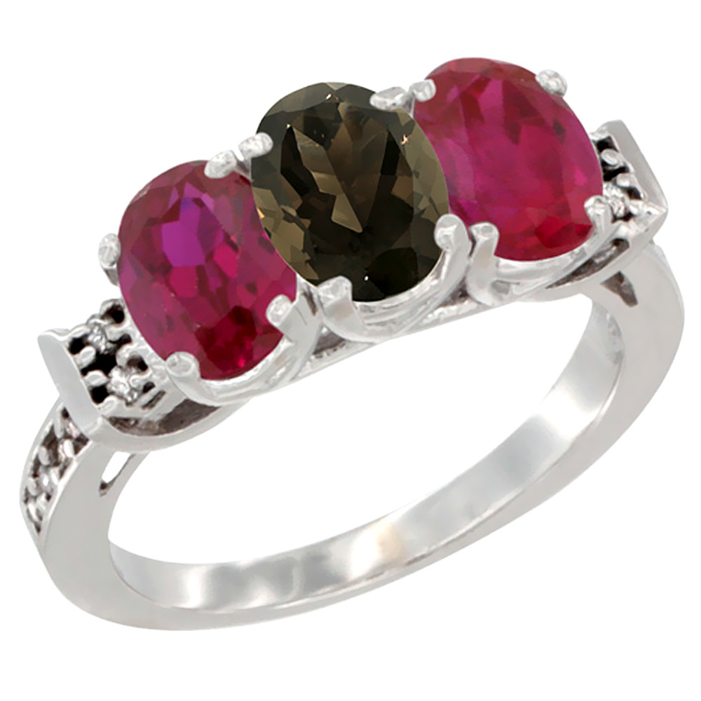 Sabrina Silver 10K White Gold Natural Smoky Topaz & Enhanced Ruby Sides Ring 3-Stone Oval 7x5 mm Diamond Accent, sizes 5 - 10