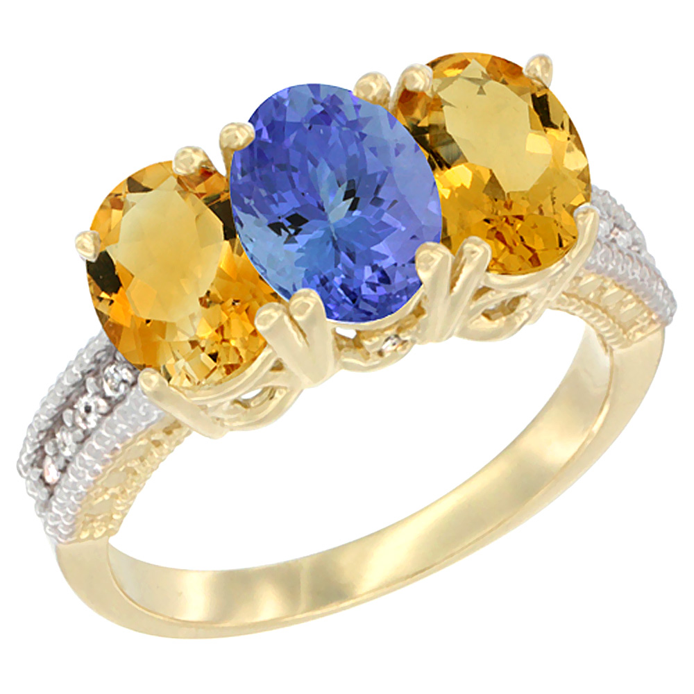 Sabrina Silver 14K Yellow Gold Natural Tanzanite & Citrine Sides Ring 3-Stone 7x5 mm Oval Diamond Accent, sizes 5 - 10