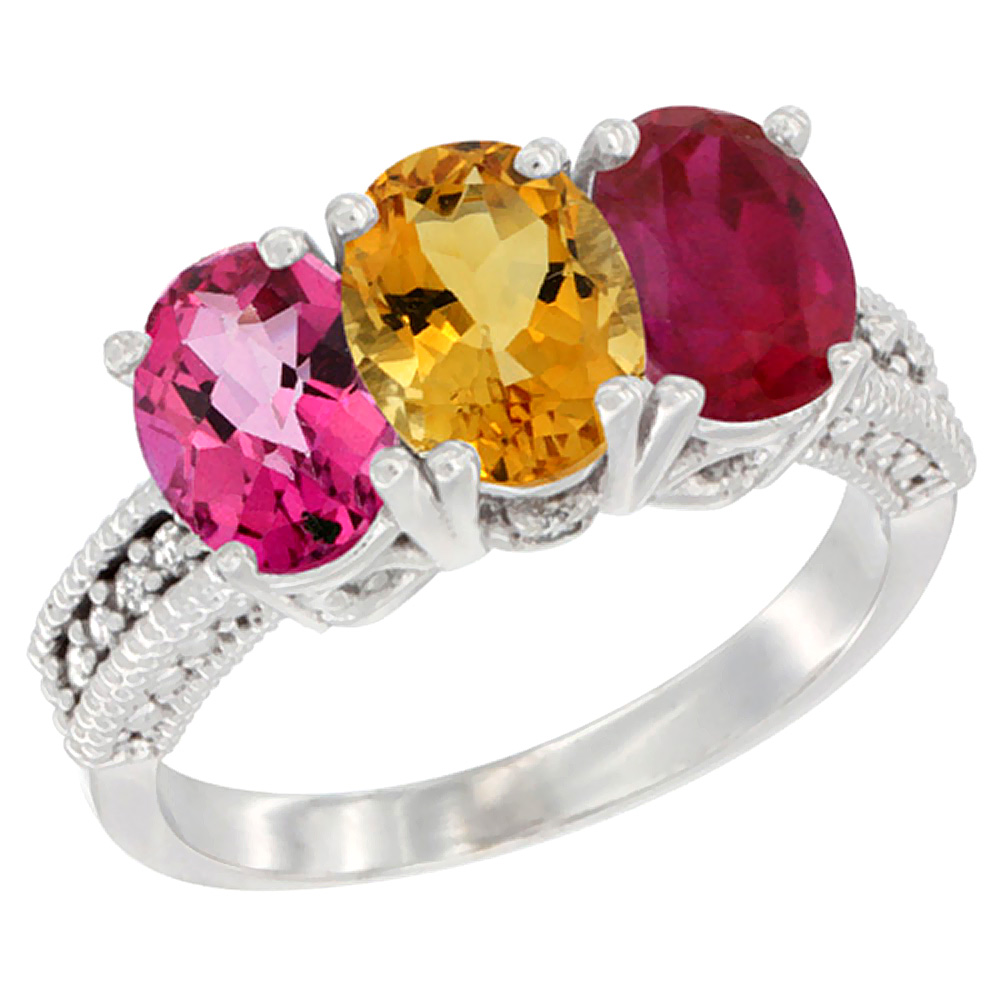 Sabrina Silver 10K White Gold Natural Pink Topaz, Citrine & Ruby Ring 3-Stone Oval 7x5 mm Diamond Accent, sizes 5 - 10
