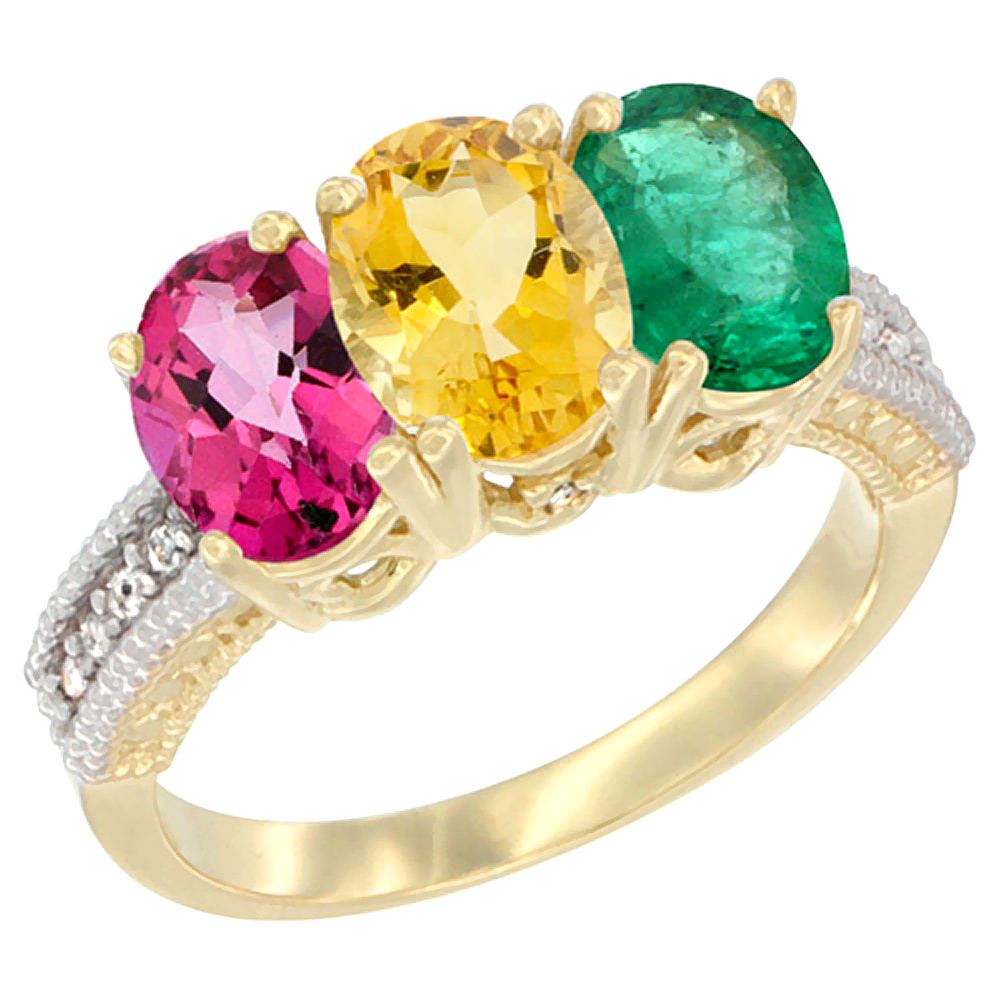 Sabrina Silver 10K Yellow Gold Diamond Natural Pink Topaz, Citrine & Emerald Ring 3-Stone Oval 7x5 mm, sizes 5 - 10