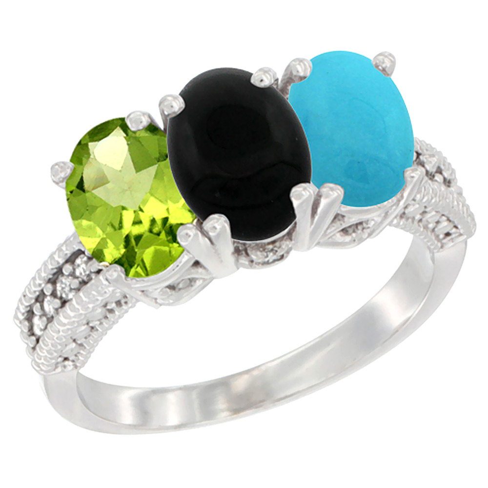 Sabrina Silver 10K White Gold Natural Peridot, Black Onyx & Turquoise Ring 3-Stone Oval 7x5 mm Diamond Accent, sizes 5 - 10
