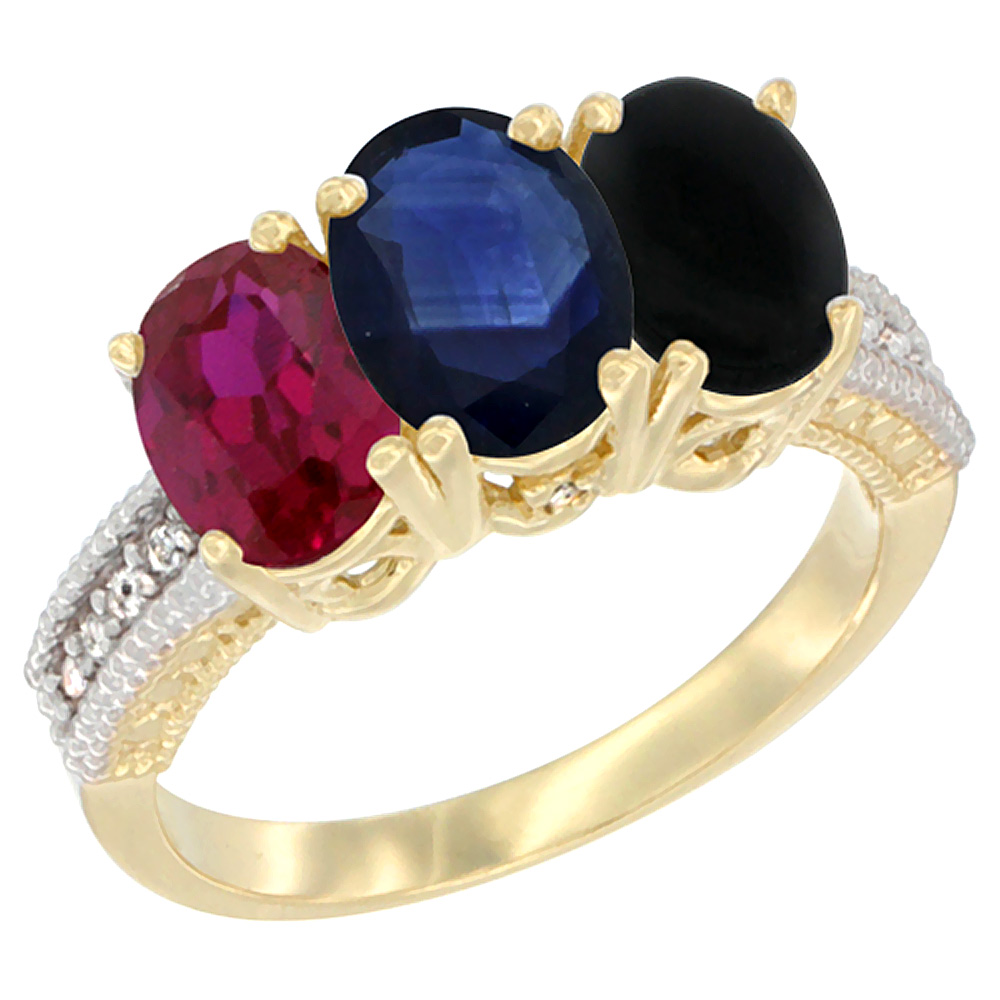 Sabrina Silver 10K Yellow Gold Enhanced Ruby, Natural Blue Sapphire & Black Onyx Ring 3-Stone Oval 7x5 mm, sizes 5 - 10