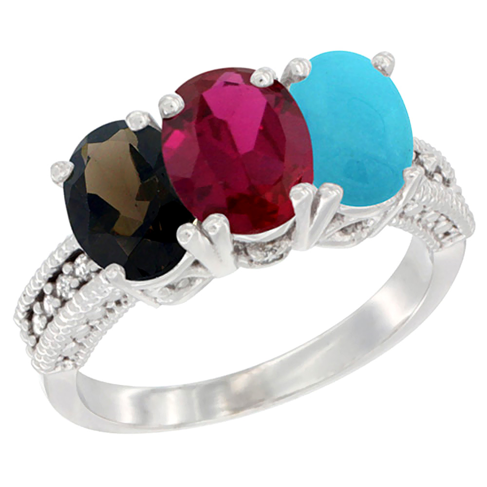 Sabrina Silver 14K White Gold Natural Smoky Topaz, Enhanced Ruby & Natural Turquoise Ring 3-Stone 7x5 mm Oval Diamond Accent, sizes 5 - 10