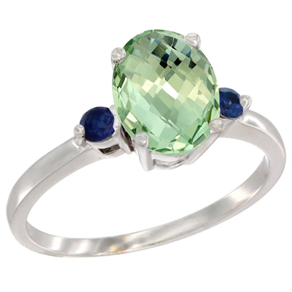 Sabrina Silver 14K White Gold Natural Green Amethyst Ring Oval 9x7 mm Blue Sapphire Accent, sizes 5 to 10