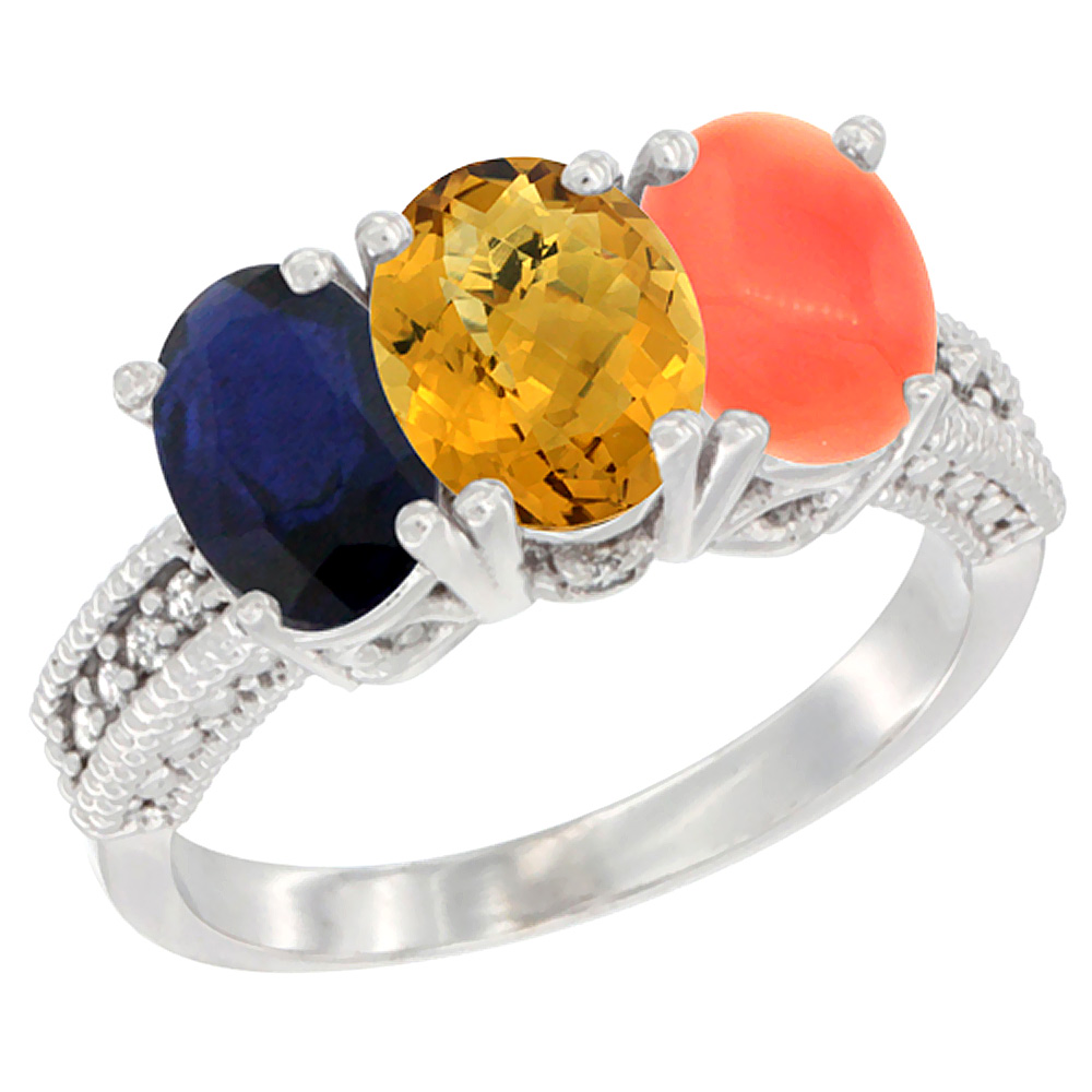 Sabrina Silver 14K White Gold Natural Blue Sapphire, Whisky Quartz & Coral Ring 3-Stone 7x5 mm Oval Diamond Accent, sizes 5 - 10