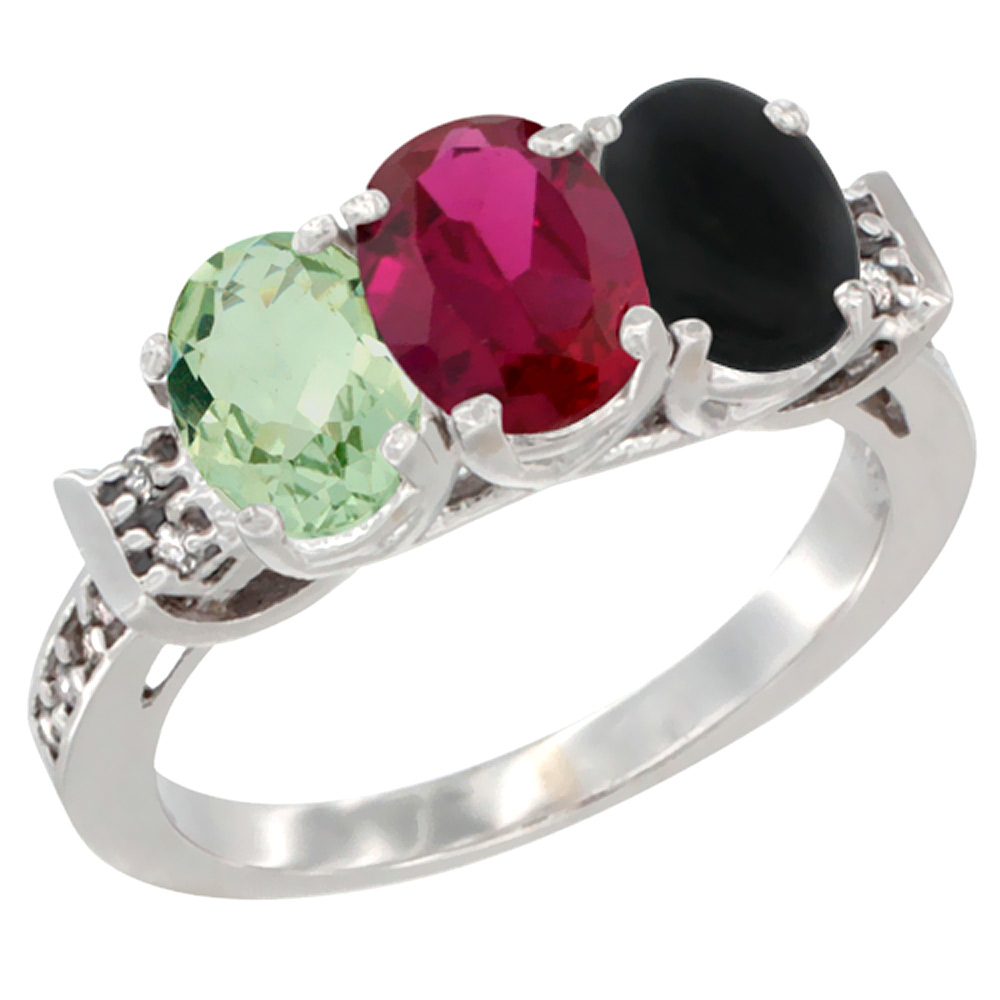 Sabrina Silver 10K White Gold Natural Green Amethyst, Enhanced Ruby & Natural Black Onyx Ring 3-Stone Oval 7x5 mm Diamond Accent, sizes 5 - 10