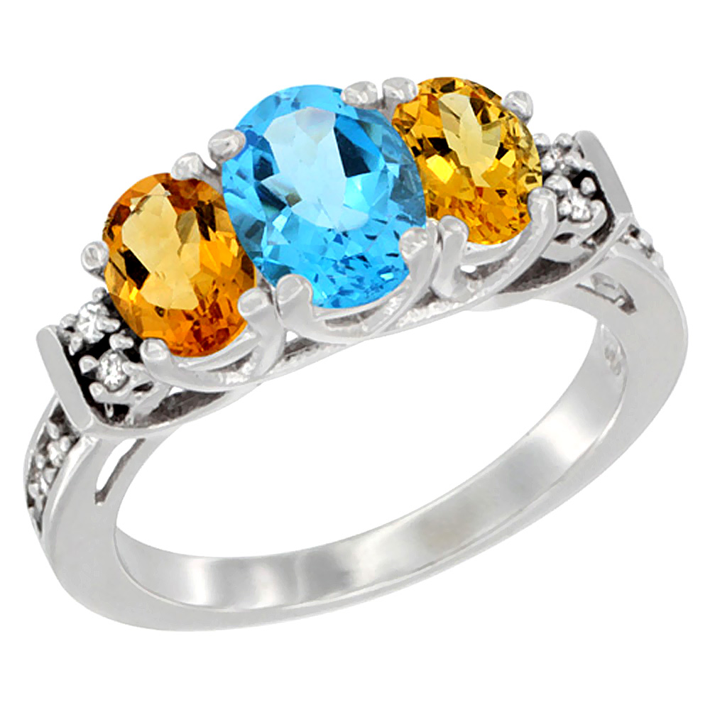 Sabrina Silver 14K White Gold Natural Swiss Blue Topaz & Citrine Ring 3-Stone Oval Diamond Accent, sizes 5-10