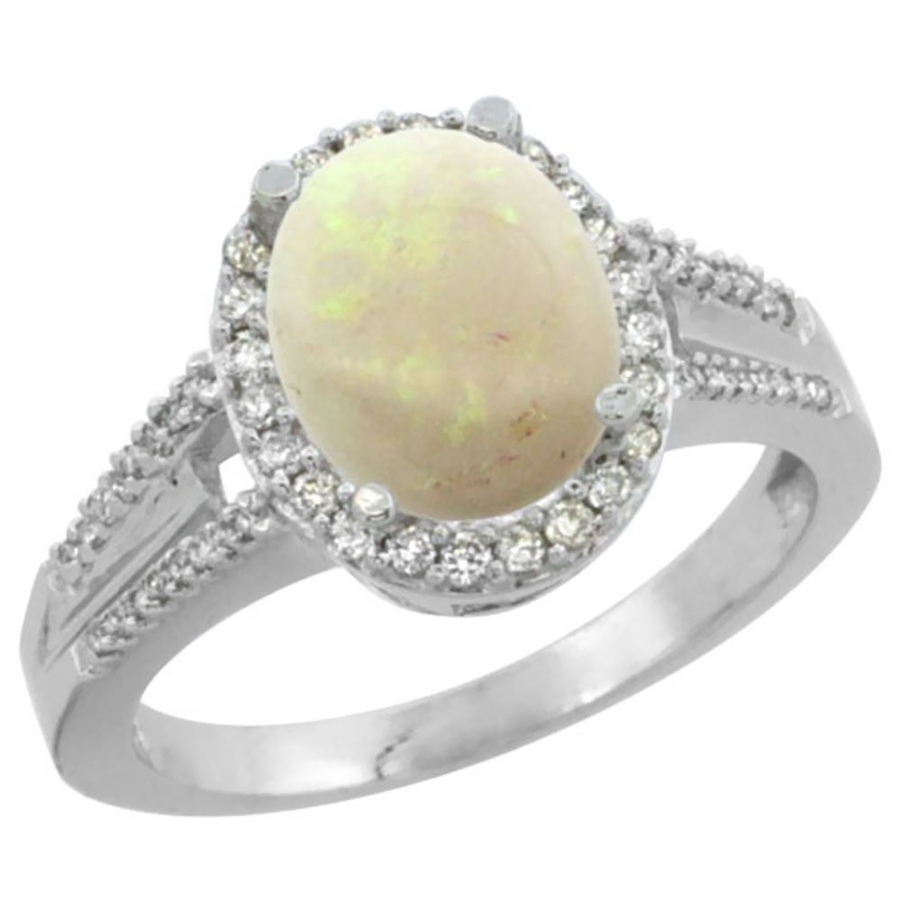 Sabrina Silver 10K White Gold Diamond Natural Opal Engagement Ring Oval 10x8mm, sizes 5-10