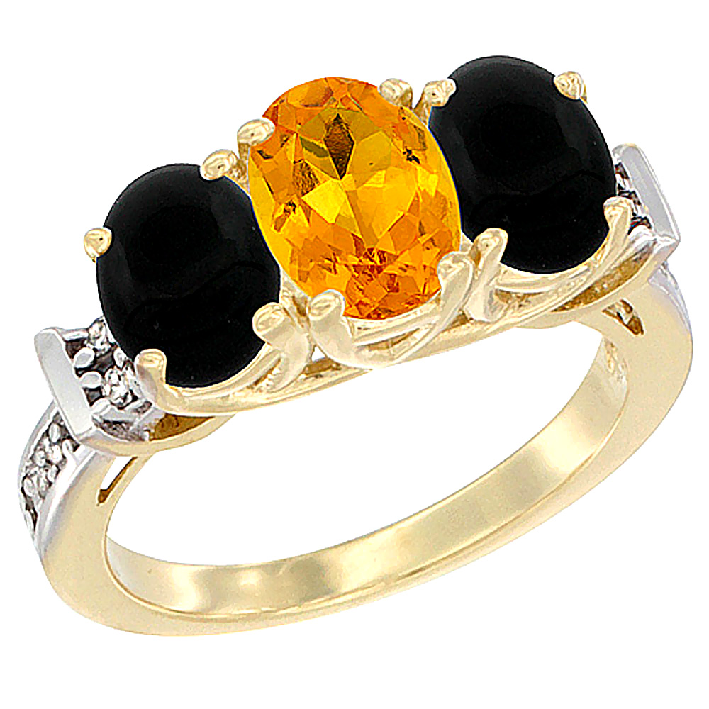 Sabrina Silver 10K Yellow Gold Natural Citrine & Black Onyx Sides Ring 3-Stone Oval Diamond Accent, sizes 5 - 10