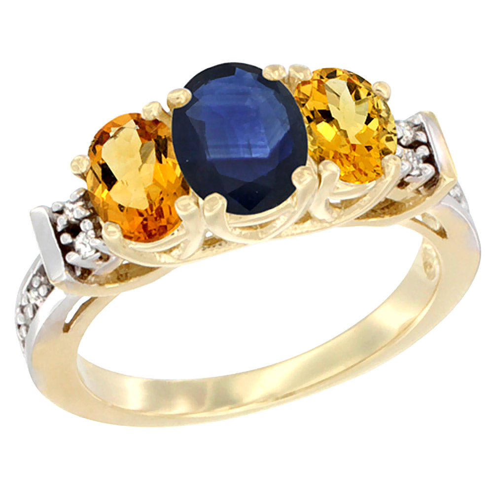 Sabrina Silver 14K Yellow Gold Natural Blue Sapphire & Citrine Ring 3-Stone Oval Diamond Accent