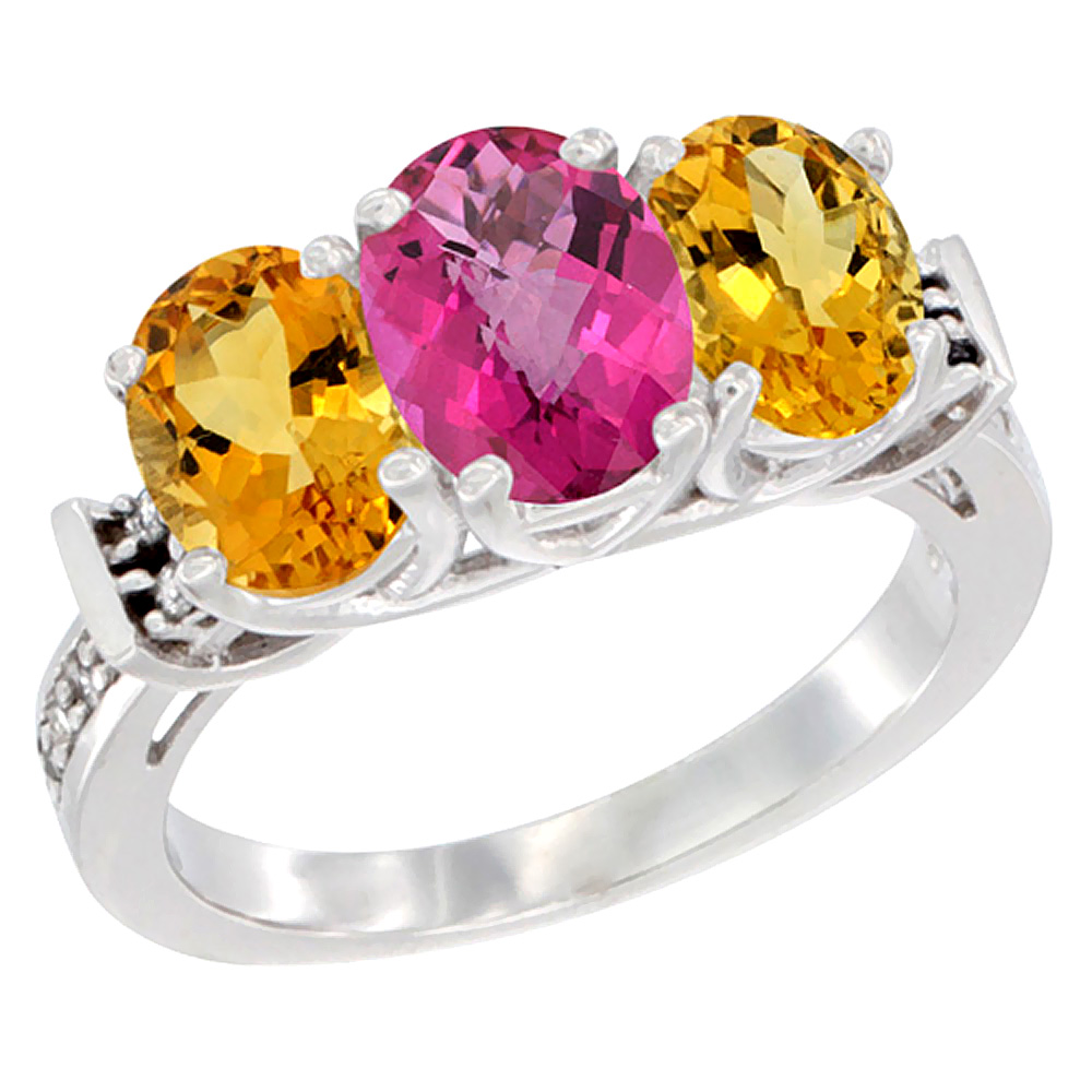 Sabrina Silver 10K White Gold Natural Pink Topaz & Citrine Sides Ring 3-Stone Oval Diamond Accent, sizes 5 - 10