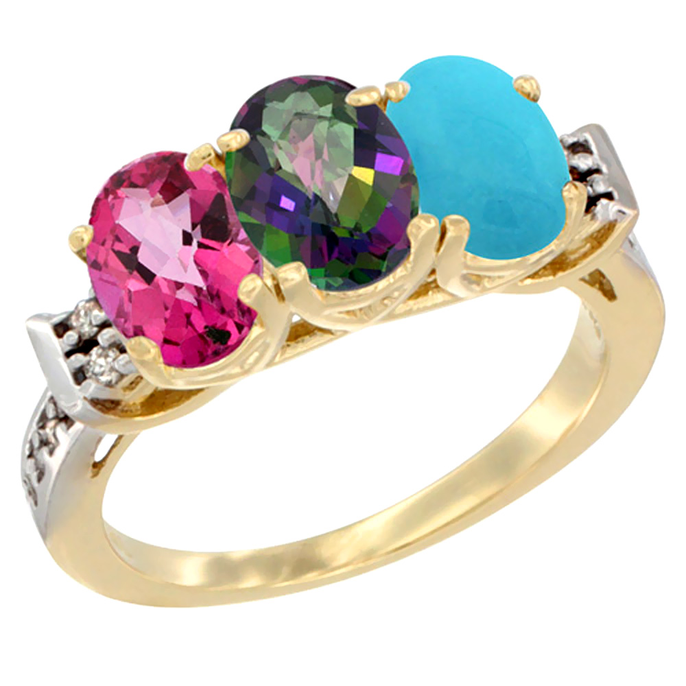 Sabrina Silver 10K Yellow Gold Natural Pink Topaz, Mystic Topaz & Turquoise Ring 3-Stone Oval 7x5 mm Diamond Accent, sizes 5 - 10