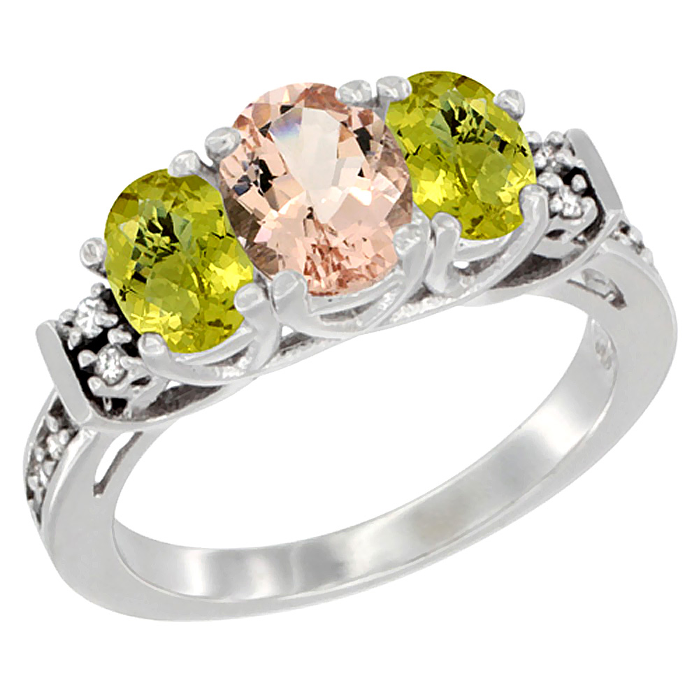 Sabrina Silver 10K White Gold Natural Morganite & Lemon Quartz Ring 3-Stone Oval Diamond Accent, sizes 5-10