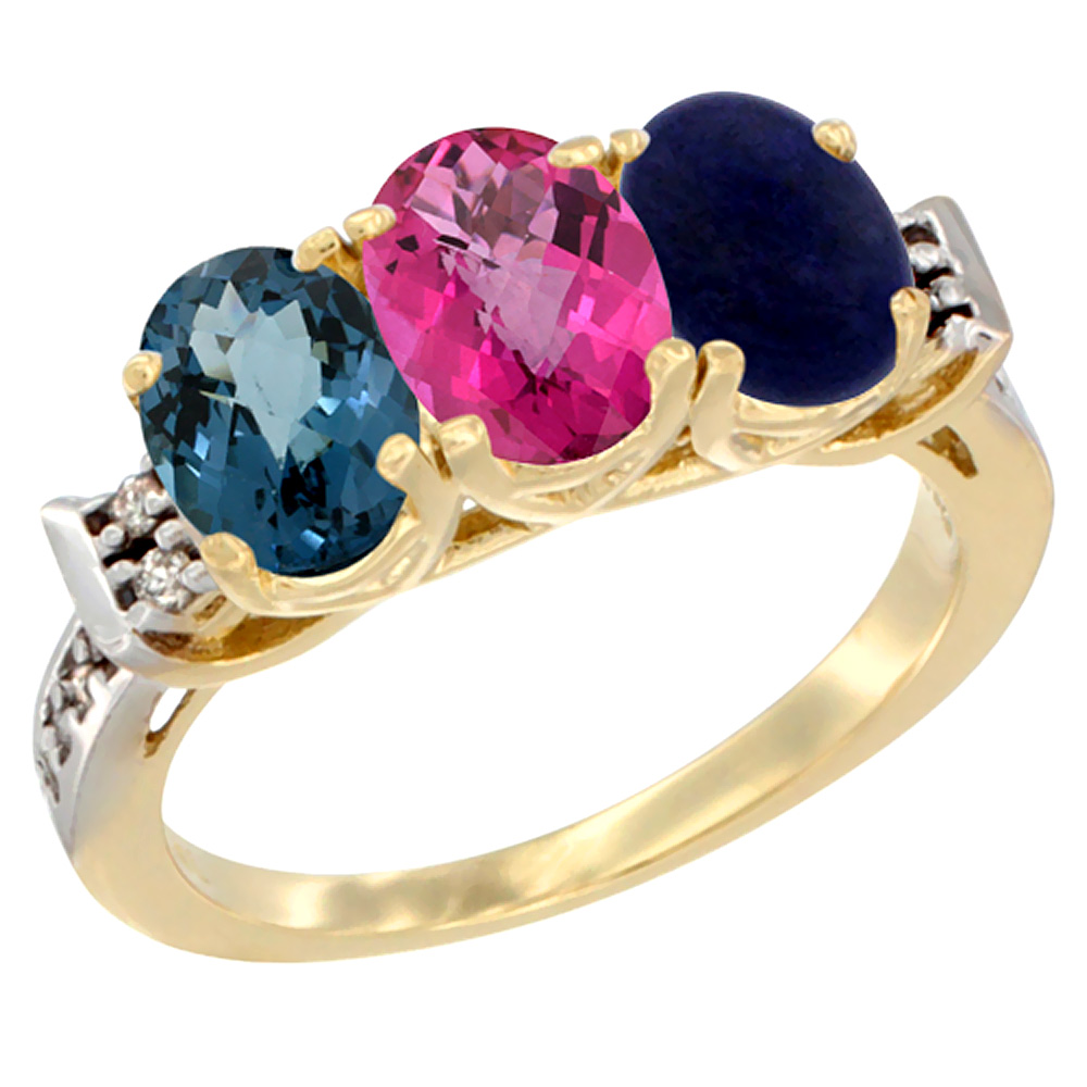 Sabrina Silver 10K Yellow Gold Natural London Blue Topaz, Pink Topaz & Lapis Ring 3-Stone Oval 7x5 mm Diamond Accent, sizes 5 - 10