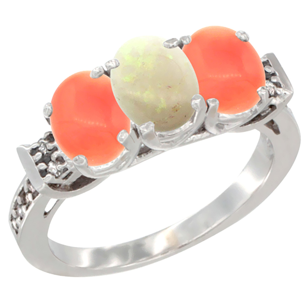 Sabrina Silver 14K White Gold Natural Opal & Coral Ring 3-Stone 7x5 mm Oval Diamond Accent, sizes 5 - 10