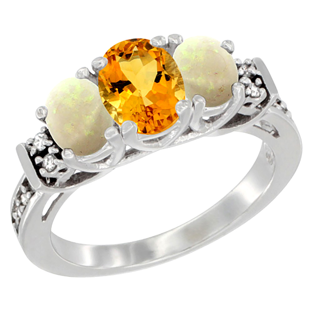 Sabrina Silver 10K White Gold Natural Citrine & Opal Ring 3-Stone Oval Diamond Accent, sizes 5-10
