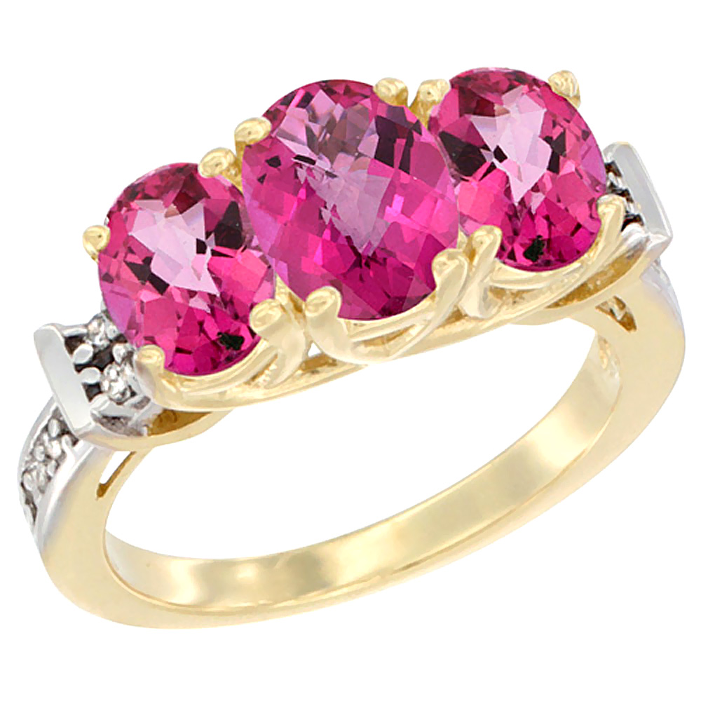 Sabrina Silver 14K Yellow Gold Natural Pink Topaz Ring 3-Stone Oval Diamond Accent, sizes 5 - 10