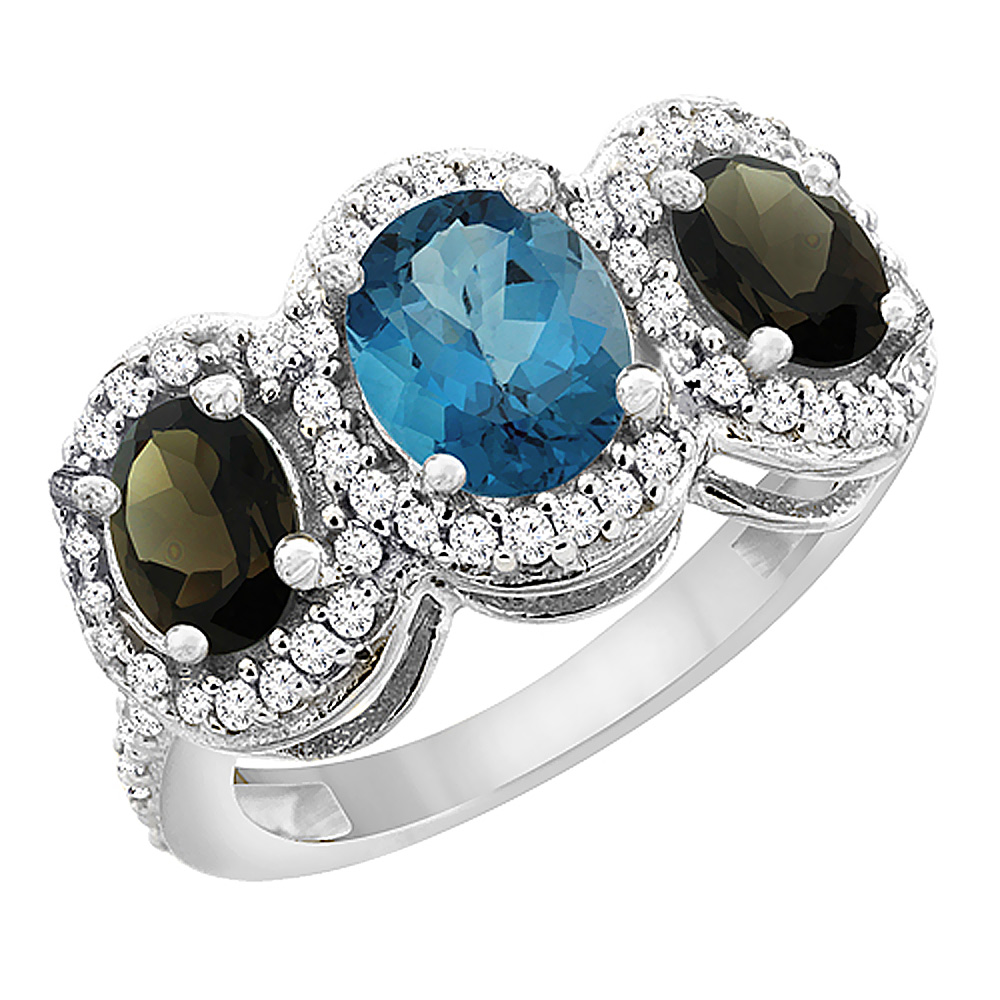 Sabrina Silver 14K White Gold Natural London Blue Topaz & Smoky Topaz 3-Stone Ring Oval Diamond Accent, sizes 5 - 10