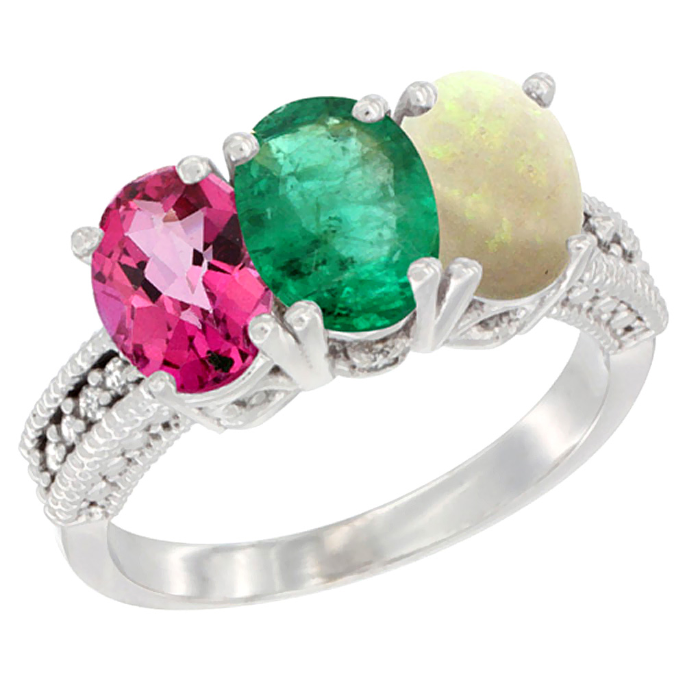 Sabrina Silver 10K White Gold Natural Pink Topaz, Emerald & Opal Ring 3-Stone Oval 7x5 mm Diamond Accent, sizes 5 - 10