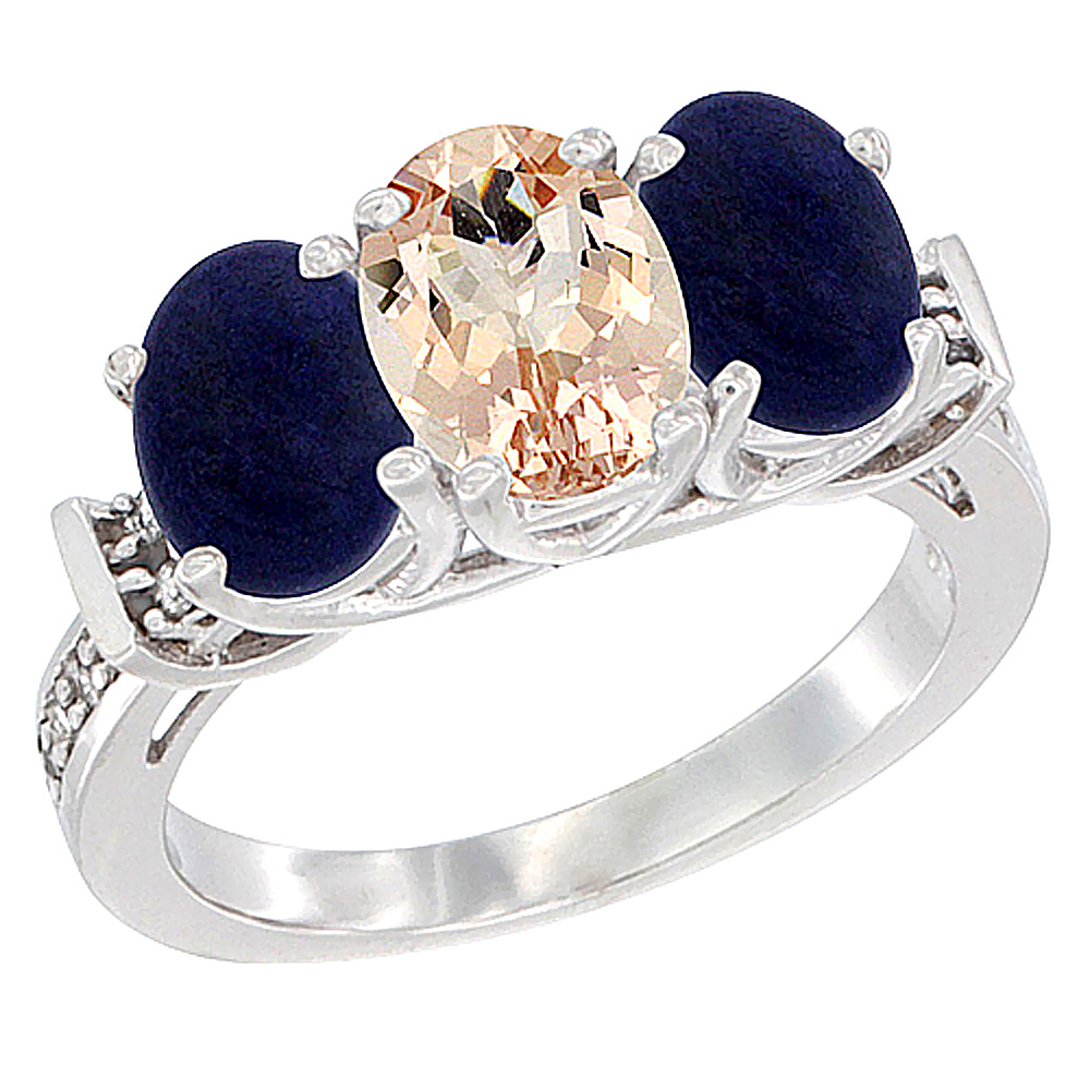 Sabrina Silver 10K White Gold Natural Morganite & Lapis Sides Ring 3-Stone Oval Diamond Accent, sizes 5 - 10