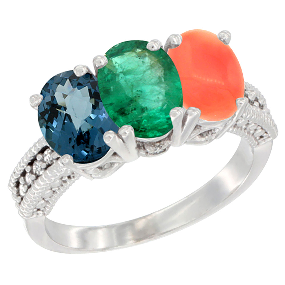 Sabrina Silver 10K White Gold Natural London Blue Topaz, Emerald & Coral Ring 3-Stone Oval 7x5 mm Diamond Accent, sizes 5 - 10