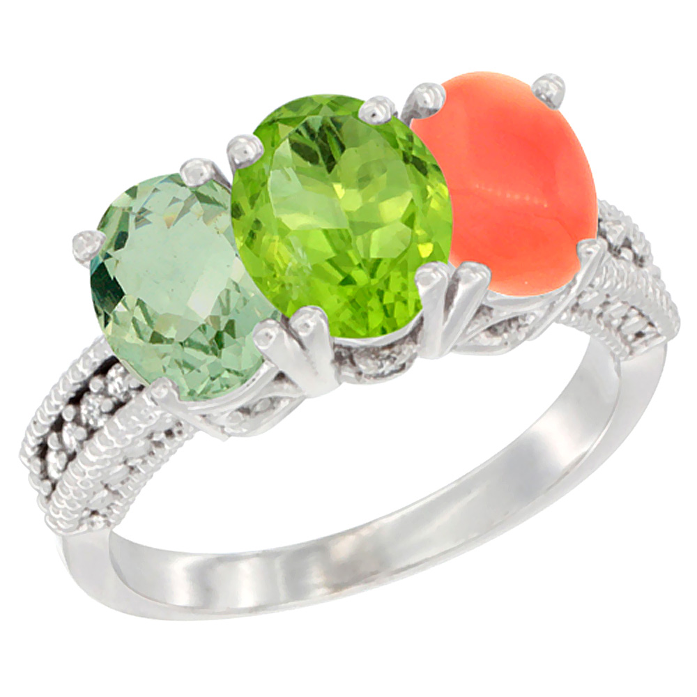 Sabrina Silver 14K White Gold Natural Green Amethyst, Peridot & Coral Ring 3-Stone 7x5 mm Oval Diamond Accent, sizes 5 - 10