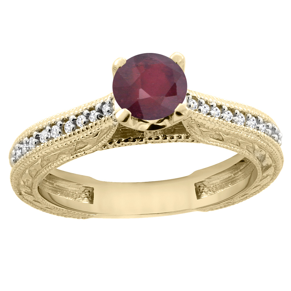 Sabrina Silver 14K Yellow Gold Natural Enhanced Ruby Round 5mm Engraved Engagement Ring Diamond Accents, sizes 5 - 10