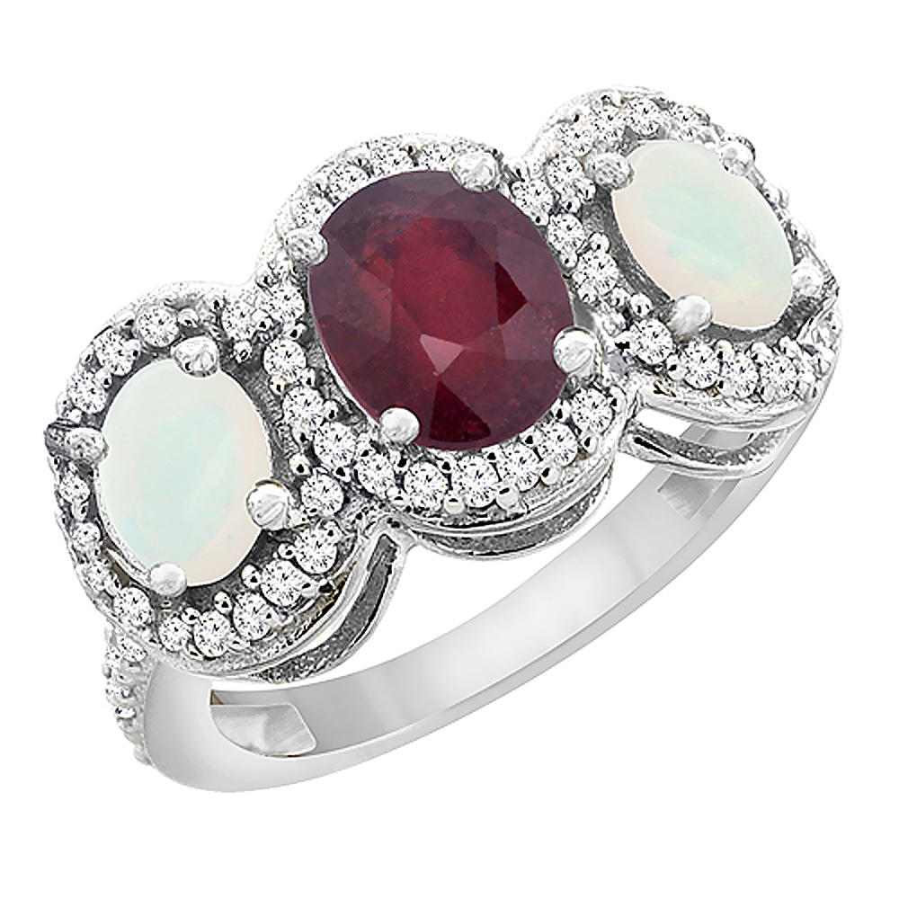 Sabrina Silver 14K White Gold Enhanced Ruby & Opal 3-Stone Ring Oval Diamond Accent, sizes 5 - 10