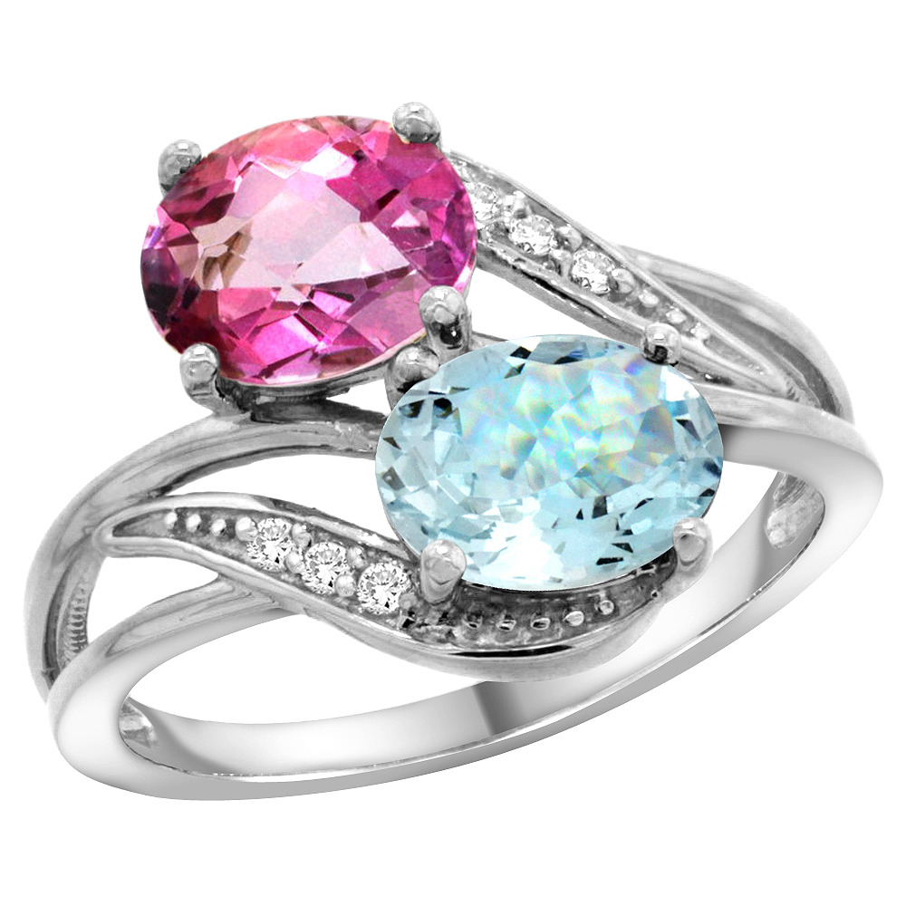 Sabrina Silver 10K White Gold Diamond Natural Pink Topaz & Aquamarine 2-stone Ring Oval 8x6mm, sizes 5 - 10
