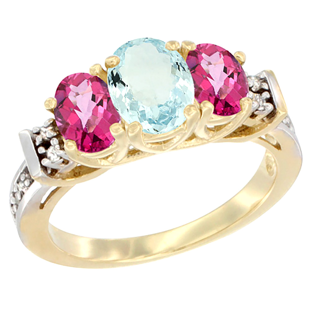 Sabrina Silver 14K Yellow Gold Natural Aquamarine & Pink Topaz Ring 3-Stone Oval Diamond Accent