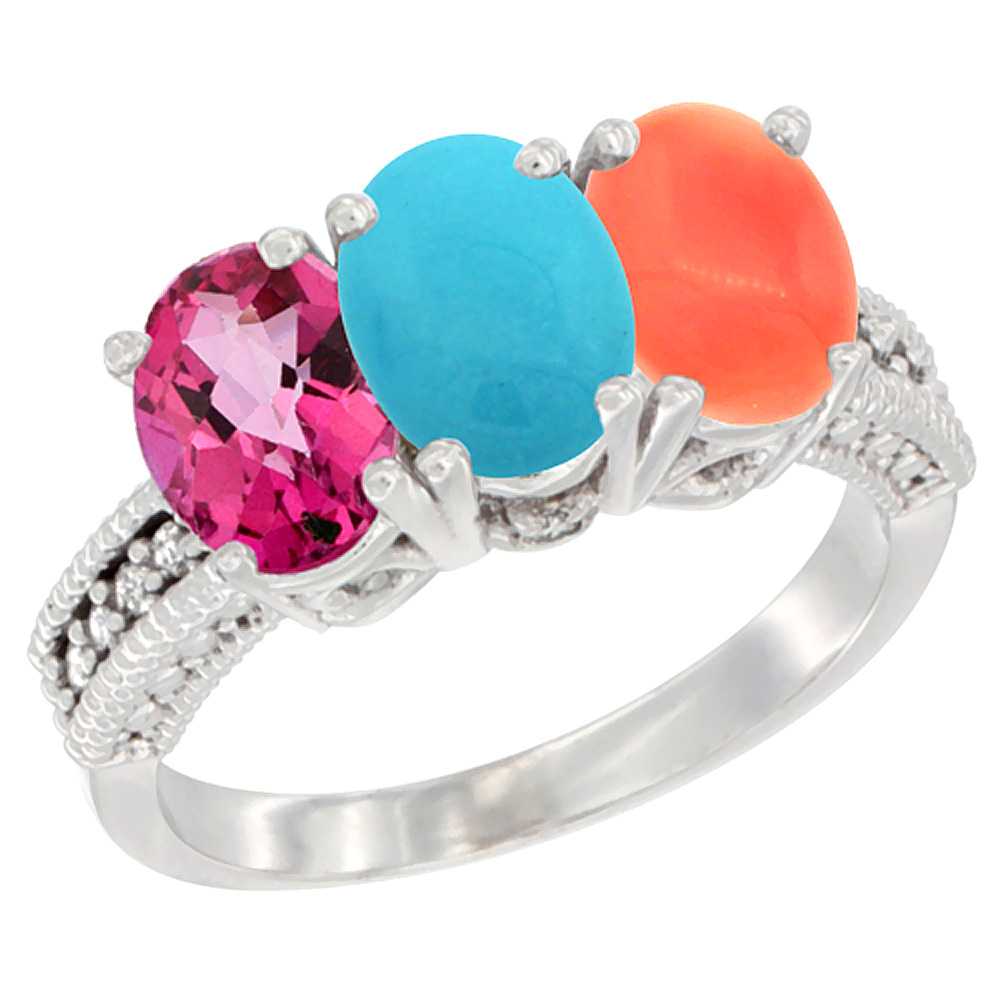 Sabrina Silver 10K White Gold Natural Pink Topaz, Turquoise & Coral Ring 3-Stone Oval 7x5 mm Diamond Accent, sizes 5 - 10