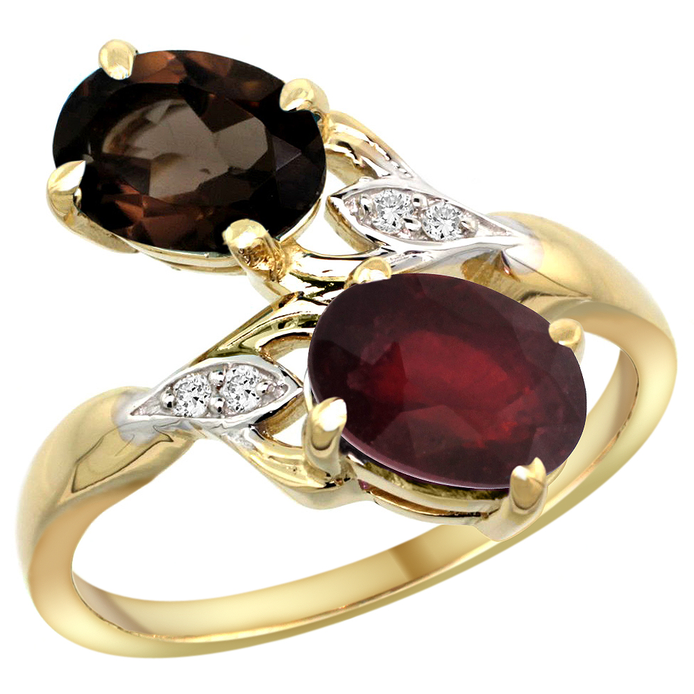 Sabrina Silver 14k Yellow Gold Diamond Natural Smoky Topaz & Enhanced Genuine Ruby 2-stone Ring Oval 8x6mm, sizes 5 - 10