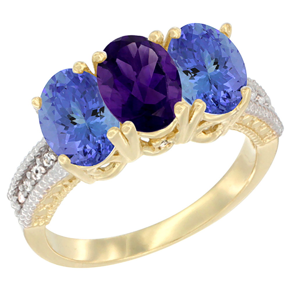 Sabrina Silver 14K Yellow Gold Natural Amethyst Ring with Tanzanite 3-Stone 7x5 mm Oval Diamond Accent, sizes 5 - 10
