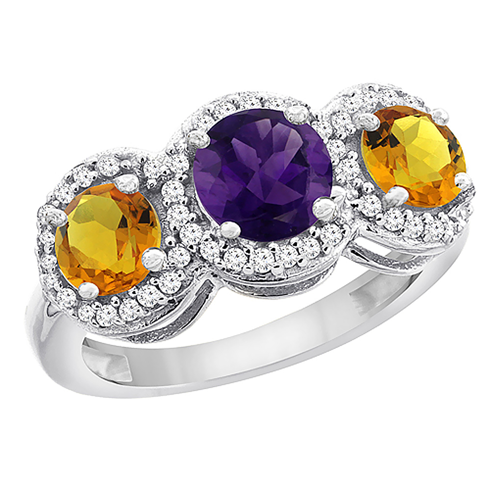 Sabrina Silver 10K White Gold Natural Amethyst & Citrine Sides Round 3-stone Ring Diamond Accents, sizes 5 - 10
