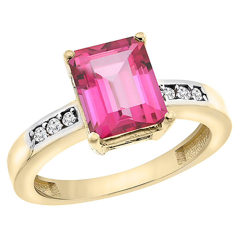 Sabrina Silver 14K Yellow Gold Natural Pink Topaz Octagon 9x7 mm with Diamond Accents, sizes 5 - 10