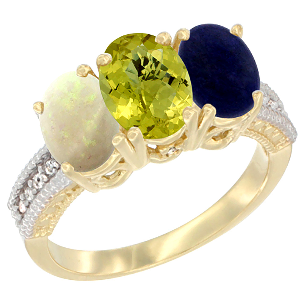 Sabrina Silver 14K Yellow Gold Natural Opal, Lemon Quartz & Lapis Ring 3-Stone 7x5 mm Oval Diamond Accent, sizes 5 - 10