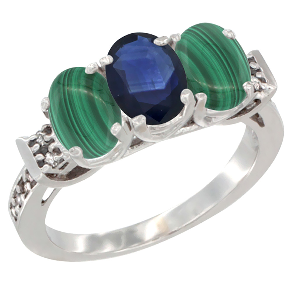 Sabrina Silver 14K White Gold Natural Blue Sapphire & Malachite Ring 3-Stone 7x5 mm Oval Diamond Accent, sizes 5 - 10