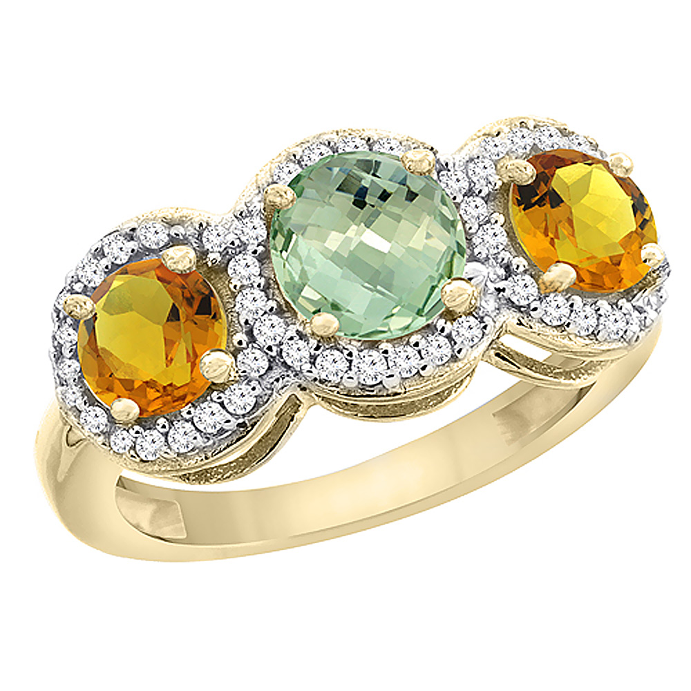 Sabrina Silver 10K Yellow Gold Natural Green Amethyst & Citrine Sides Round 3-stone Ring Diamond Accents, sizes 5 - 10