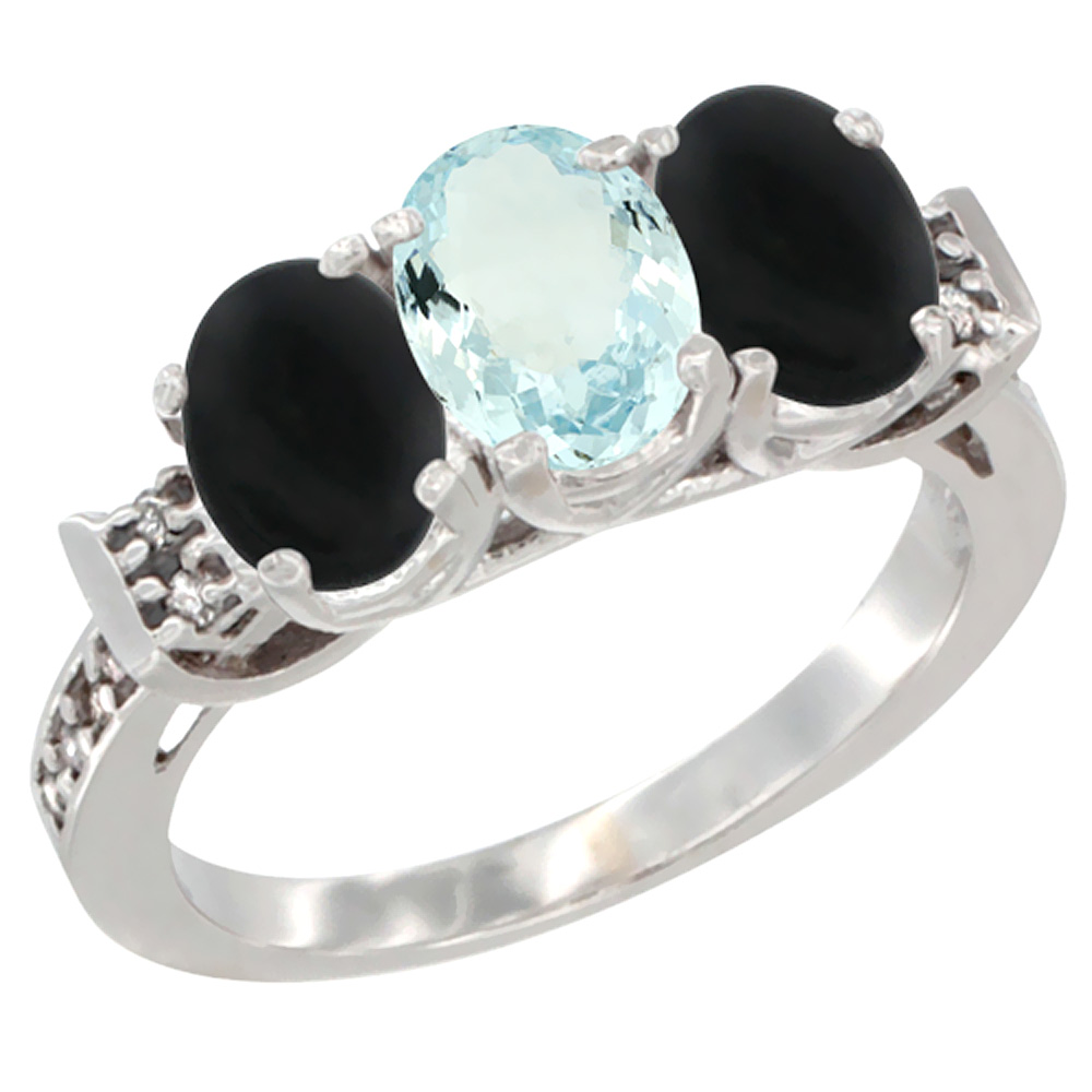 Sabrina Silver 14K White Gold Natural Aquamarine & Black Onyx Sides Ring 3-Stone Oval 7x5 mm Diamond Accent, sizes 5 - 10