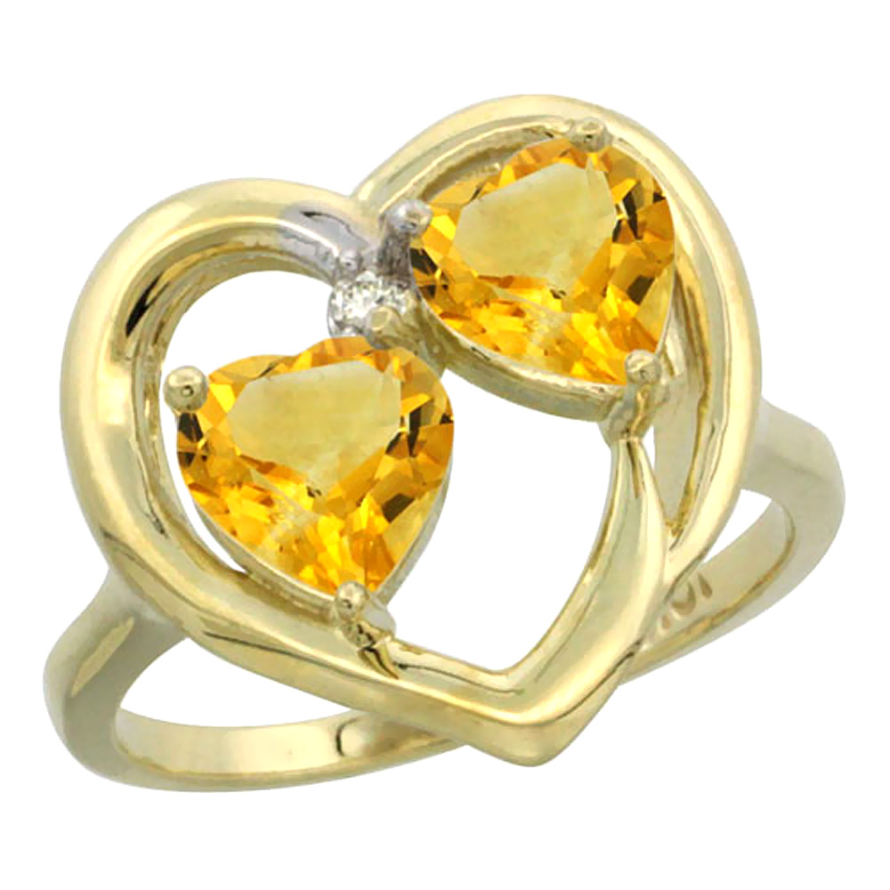 Sabrina Silver 10K Yellow Gold Diamond Two-stone Heart Ring 6mm Natural Citrine, sizes 5-10