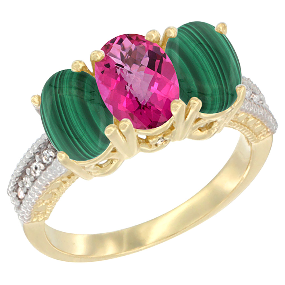 Sabrina Silver 14K Yellow Gold Natural Pink Topaz Ring with Malachite 3-Stone 7x5 mm Oval Diamond Accent, sizes 5 - 10